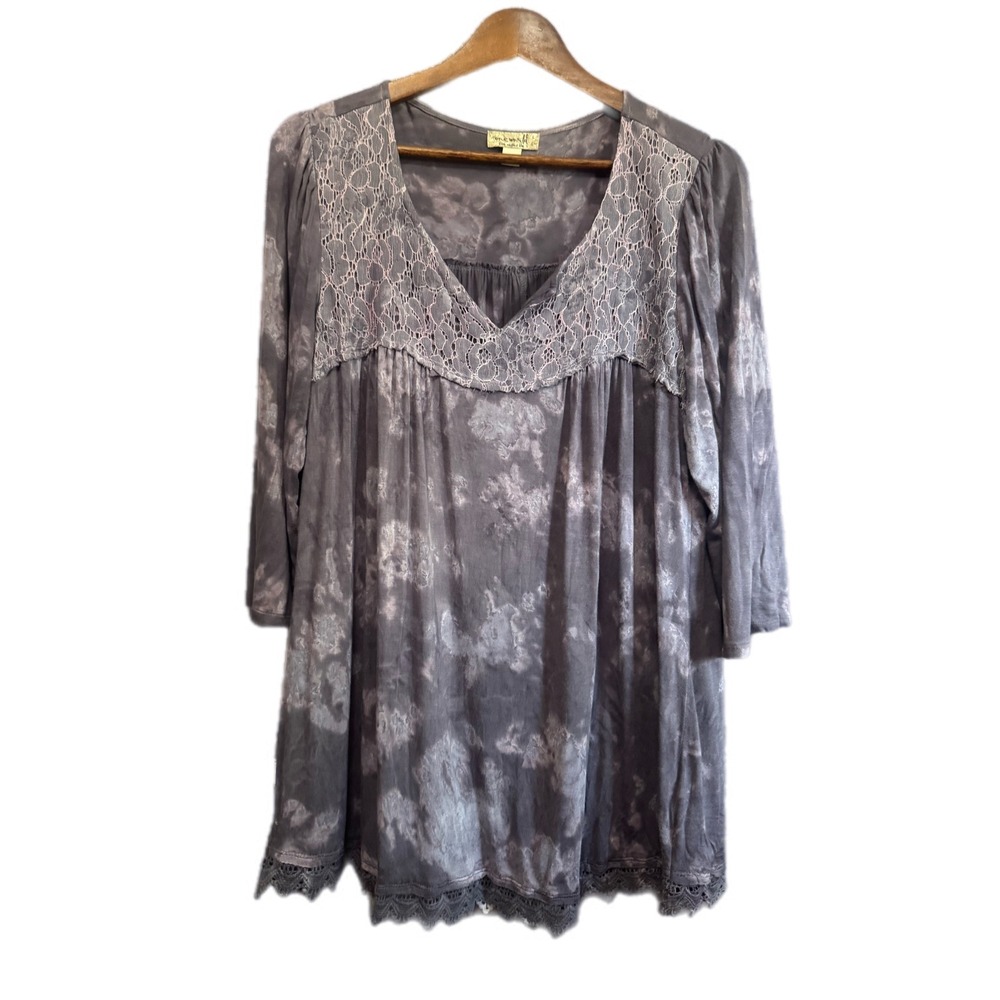 One World Tunic Top Women Large Purple Excellent Tie Dye Lace Boho VNeck 3/4 Slv